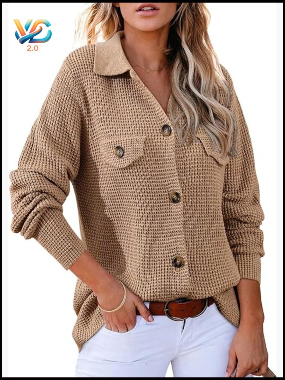Waffle Knit Shacket Cardigan Sweater Button Down Shirt Dressy Blouse Tops